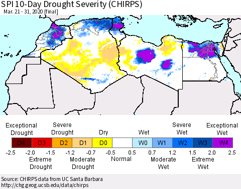 North Africa SPI 10-Day Drought Severity (CHIRPS) Thematic Map For 3/21/2020 - 3/31/2020