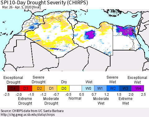North Africa SPI 10-Day Drought Severity (CHIRPS) Thematic Map For 3/26/2020 - 4/5/2020