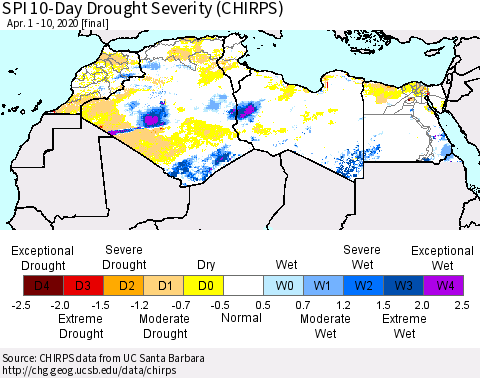 North Africa SPI 10-Day Drought Severity (CHIRPS) Thematic Map For 4/1/2020 - 4/10/2020