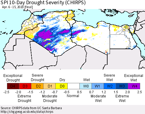 North Africa SPI 10-Day Drought Severity (CHIRPS) Thematic Map For 4/6/2020 - 4/15/2020
