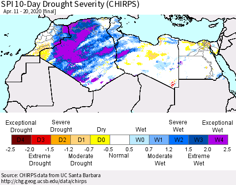 North Africa SPI 10-Day Drought Severity (CHIRPS) Thematic Map For 4/11/2020 - 4/20/2020