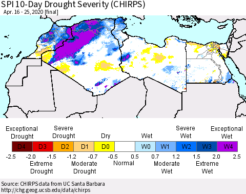 North Africa SPI 10-Day Drought Severity (CHIRPS) Thematic Map For 4/16/2020 - 4/25/2020
