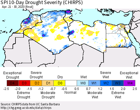 North Africa SPI 10-Day Drought Severity (CHIRPS) Thematic Map For 4/21/2020 - 4/30/2020
