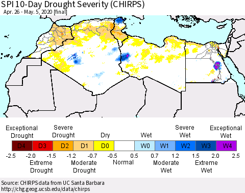 North Africa SPI 10-Day Drought Severity (CHIRPS) Thematic Map For 4/26/2020 - 5/5/2020