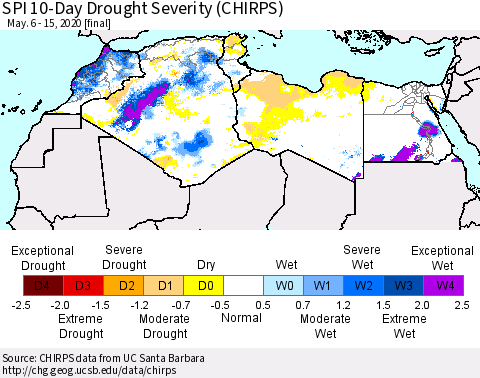 North Africa SPI 10-Day Drought Severity (CHIRPS) Thematic Map For 5/6/2020 - 5/15/2020