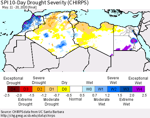 North Africa SPI 10-Day Drought Severity (CHIRPS) Thematic Map For 5/11/2020 - 5/20/2020