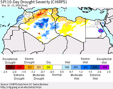 North Africa SPI 10-Day Drought Severity (CHIRPS) Thematic Map For 5/16/2020 - 5/25/2020