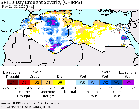 North Africa SPI 10-Day Drought Severity (CHIRPS) Thematic Map For 5/21/2020 - 5/31/2020