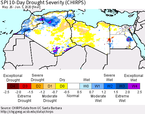 North Africa SPI 10-Day Drought Severity (CHIRPS) Thematic Map For 5/26/2020 - 6/5/2020