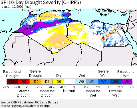 North Africa SPI 10-Day Drought Severity (CHIRPS) Thematic Map For 6/1/2020 - 6/10/2020