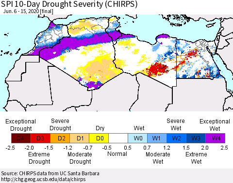 North Africa SPI 10-Day Drought Severity (CHIRPS) Thematic Map For 6/6/2020 - 6/15/2020