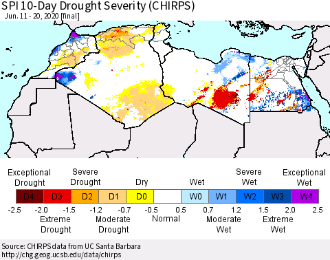 North Africa SPI 10-Day Drought Severity (CHIRPS) Thematic Map For 6/11/2020 - 6/20/2020