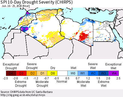 North Africa SPI 10-Day Drought Severity (CHIRPS) Thematic Map For 6/16/2020 - 6/25/2020