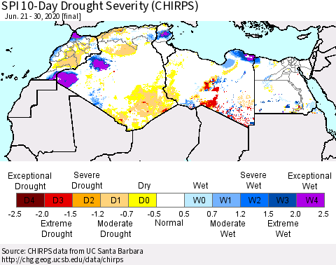 North Africa SPI 10-Day Drought Severity (CHIRPS) Thematic Map For 6/21/2020 - 6/30/2020