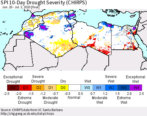 North Africa SPI 10-Day Drought Severity (CHIRPS) Thematic Map For 6/26/2020 - 7/5/2020