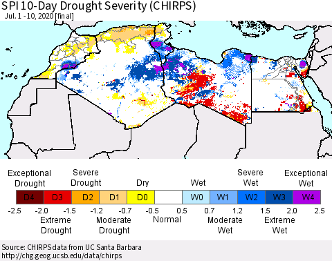 North Africa SPI 10-Day Drought Severity (CHIRPS) Thematic Map For 7/1/2020 - 7/10/2020