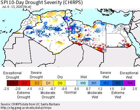 North Africa SPI 10-Day Drought Severity (CHIRPS) Thematic Map For 7/6/2020 - 7/15/2020