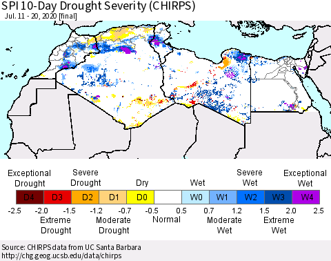 North Africa SPI 10-Day Drought Severity (CHIRPS) Thematic Map For 7/11/2020 - 7/20/2020