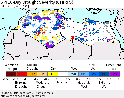 North Africa SPI 10-Day Drought Severity (CHIRPS) Thematic Map For 7/16/2020 - 7/25/2020