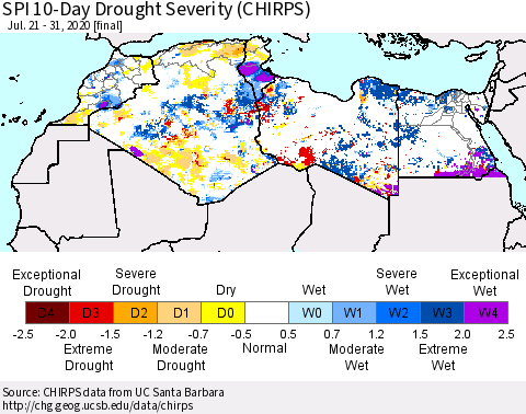 North Africa SPI 10-Day Drought Severity (CHIRPS) Thematic Map For 7/21/2020 - 7/31/2020