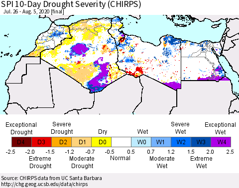 North Africa SPI 10-Day Drought Severity (CHIRPS) Thematic Map For 7/26/2020 - 8/5/2020