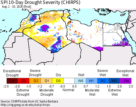 North Africa SPI 10-Day Drought Severity (CHIRPS) Thematic Map For 8/1/2020 - 8/10/2020
