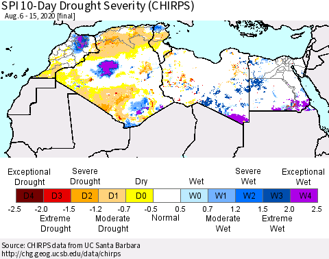 North Africa SPI 10-Day Drought Severity (CHIRPS) Thematic Map For 8/6/2020 - 8/15/2020