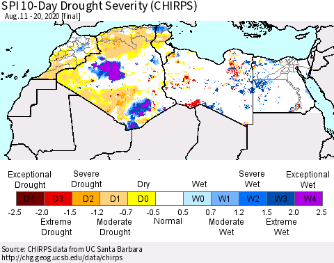 North Africa SPI 10-Day Drought Severity (CHIRPS) Thematic Map For 8/11/2020 - 8/20/2020