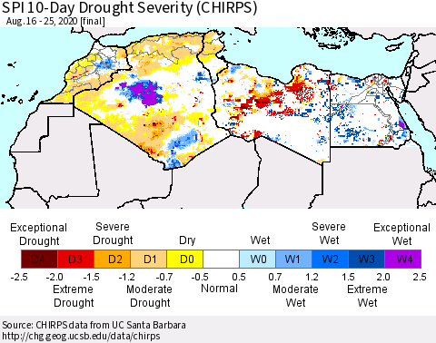 North Africa SPI 10-Day Drought Severity (CHIRPS) Thematic Map For 8/16/2020 - 8/25/2020