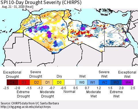 North Africa SPI 10-Day Drought Severity (CHIRPS) Thematic Map For 8/21/2020 - 8/31/2020