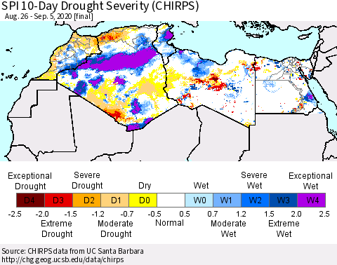 North Africa SPI 10-Day Drought Severity (CHIRPS) Thematic Map For 8/26/2020 - 9/5/2020