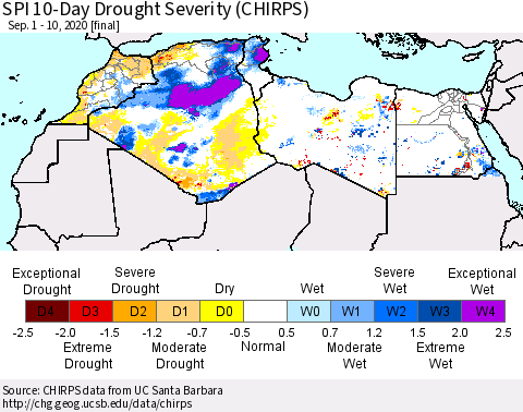 North Africa SPI 10-Day Drought Severity (CHIRPS) Thematic Map For 9/1/2020 - 9/10/2020