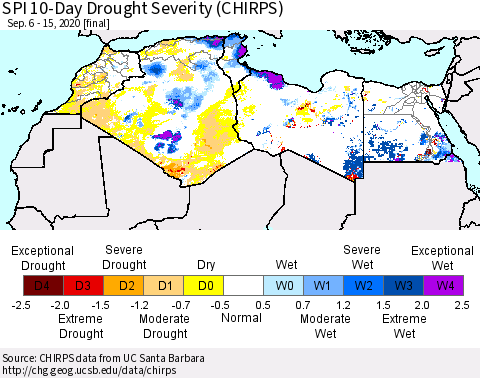 North Africa SPI 10-Day Drought Severity (CHIRPS) Thematic Map For 9/6/2020 - 9/15/2020