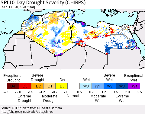 North Africa SPI 10-Day Drought Severity (CHIRPS) Thematic Map For 9/11/2020 - 9/20/2020