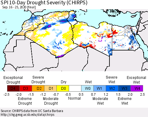 North Africa SPI 10-Day Drought Severity (CHIRPS) Thematic Map For 9/16/2020 - 9/25/2020