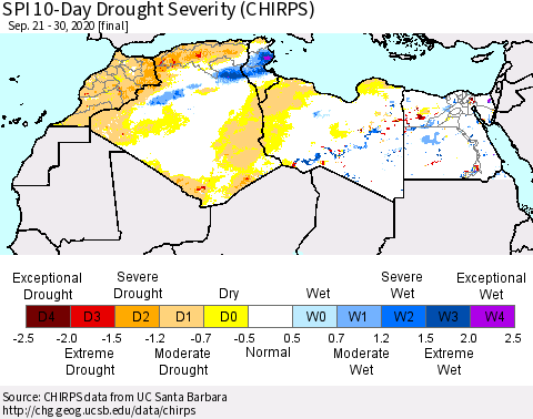 North Africa SPI 10-Day Drought Severity (CHIRPS) Thematic Map For 9/21/2020 - 9/30/2020