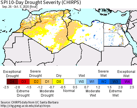 North Africa SPI 10-Day Drought Severity (CHIRPS) Thematic Map For 9/26/2020 - 10/5/2020