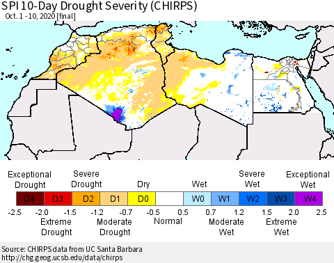 North Africa SPI 10-Day Drought Severity (CHIRPS) Thematic Map For 10/1/2020 - 10/10/2020