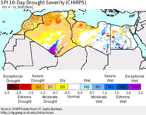 North Africa SPI 10-Day Drought Severity (CHIRPS) Thematic Map For 10/6/2020 - 10/15/2020