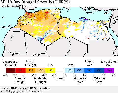 North Africa SPI 10-Day Drought Severity (CHIRPS) Thematic Map For 10/11/2020 - 10/20/2020