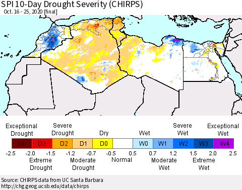 North Africa SPI 10-Day Drought Severity (CHIRPS) Thematic Map For 10/16/2020 - 10/25/2020