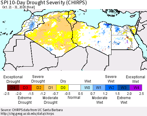 North Africa SPI 10-Day Drought Severity (CHIRPS) Thematic Map For 10/21/2020 - 10/31/2020