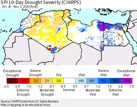 North Africa SPI 10-Day Drought Severity (CHIRPS) Thematic Map For 10/26/2020 - 11/5/2020