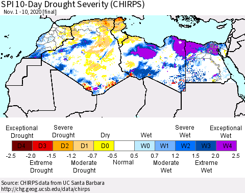 North Africa SPI 10-Day Drought Severity (CHIRPS) Thematic Map For 11/1/2020 - 11/10/2020