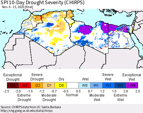 North Africa SPI 10-Day Drought Severity (CHIRPS) Thematic Map For 11/6/2020 - 11/15/2020