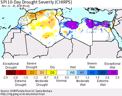 North Africa SPI 10-Day Drought Severity (CHIRPS) Thematic Map For 11/11/2020 - 11/20/2020