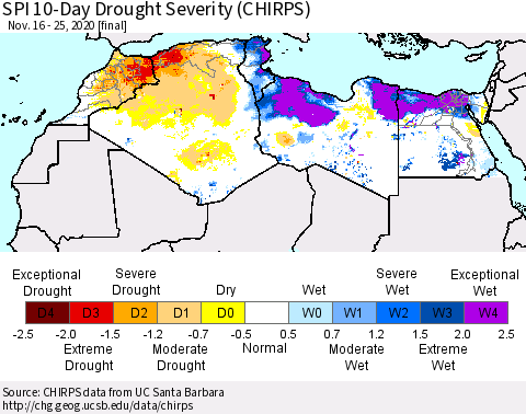 North Africa SPI 10-Day Drought Severity (CHIRPS) Thematic Map For 11/16/2020 - 11/25/2020