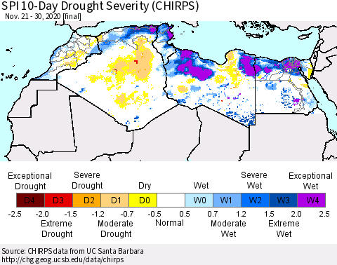 North Africa SPI 10-Day Drought Severity (CHIRPS) Thematic Map For 11/21/2020 - 11/30/2020