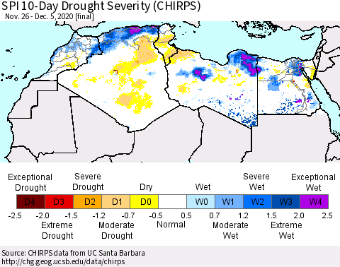 North Africa SPI 10-Day Drought Severity (CHIRPS) Thematic Map For 11/26/2020 - 12/5/2020