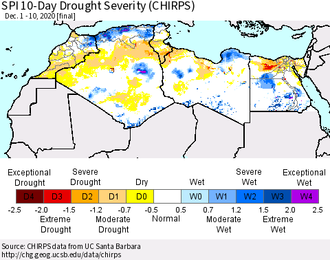 North Africa SPI 10-Day Drought Severity (CHIRPS) Thematic Map For 12/1/2020 - 12/10/2020